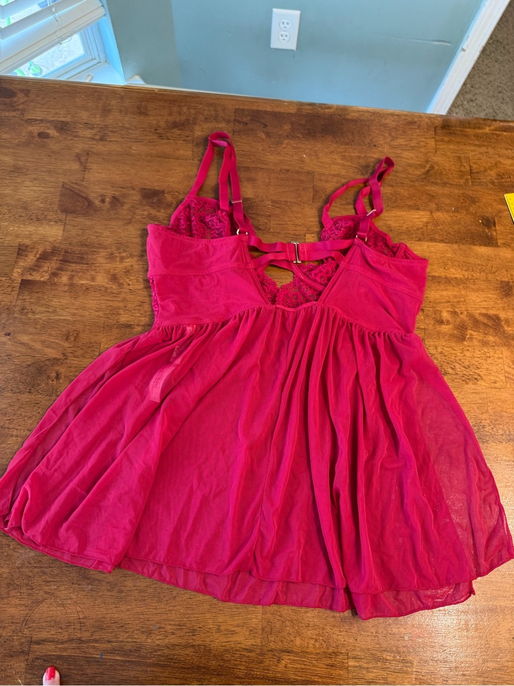 Adore Me Babydoll Lingerie Top Plus Size 3X Red Hot Pink Sheer Mesh Lace Cutout - Picture 6 of 12